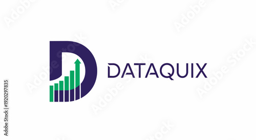Modern D letter logo with an upward trend bar graph, symbolizing data analytics and business growth on an isolated white background.