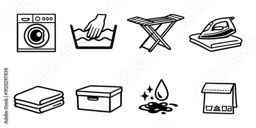 Laundry care icons showing washing and ironing on gray background