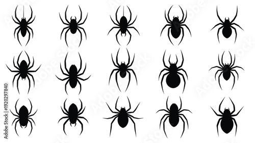 Set of fifteen black spider silhouettes in various shapes and poses, isolated on a white background for Halloween or nature designs.