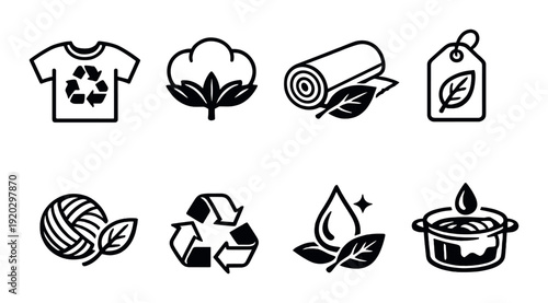 Eco textile icons depicting cotton and recycling on gray background