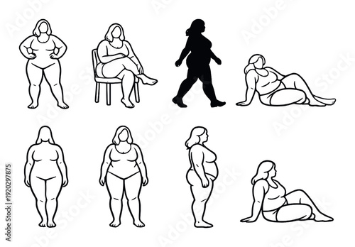 Plus size female body silhouettes in multiple poses on gray background