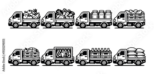 Delivery trucks carrying assorted food goods on gray background