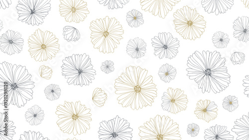 Elegant seamless floral pattern with scattered gold and silver outline chamomile or daisy flowers on a clean white background.