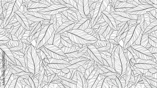 Seamless monochrome pattern of overlapping, detailed line art leaves creating a dense and intricate botanical texture background.