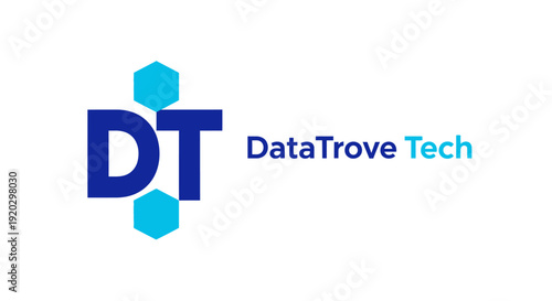 Blue DT Lettermark Logo with Hexagon Elements for DataTrove Tech, isolated white background.