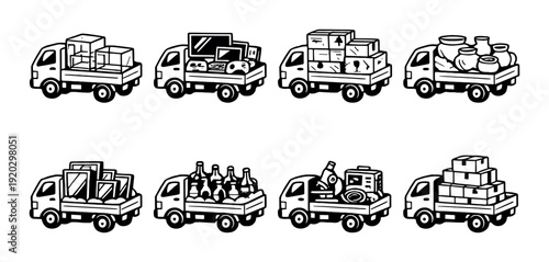 Delivery trucks loaded with assorted packaged goods on gray background