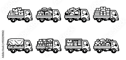 Cargo trucks carrying mixed packed goods on gray background