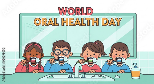 Children Brushing Teeth Together at Sink on World Oral Health Day in Bathroom View