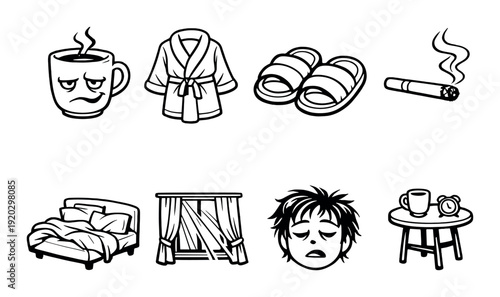 Tired person with morning items and bedroom routine icons