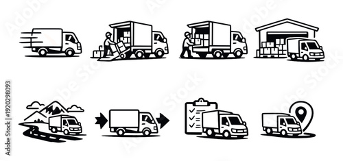 Delivery trucks loading and unloading at warehouse and road