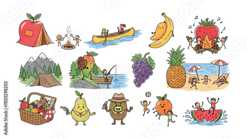 Whimsical Fruits Collection: A delightful ensemble of anthropomorphic fruits engaging in various activities against a serene backdrop. Capturing the essence of childhood fun and joyful moments.