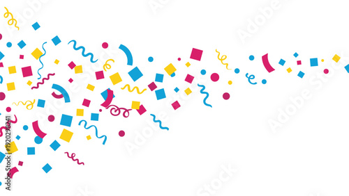 Festive and colorful confetti explosion background with falling ribbons and shapes in pink, yellow, and blue on a white backdrop.