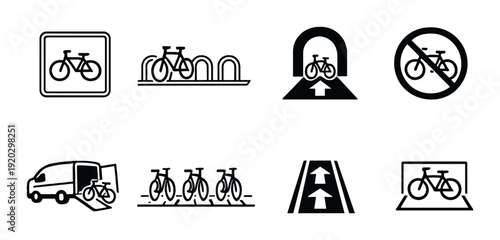 Bicycle parking and lane icons displayed on dark background