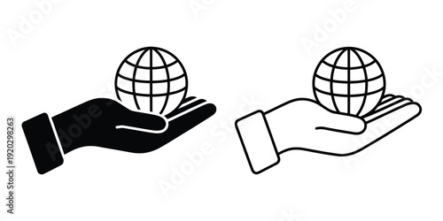 Globe on hand icon isolated on white background, simple sign, trendy and modern symbol, hands holding globe and earth, editable vector