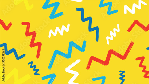Energetic and playful seamless pattern with hand-drawn zig-zag and wavy lines in red, blue, and white on a bright yellow background.