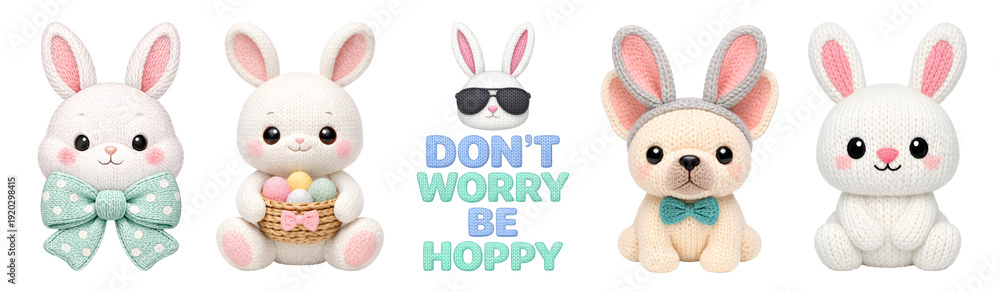 Fototapeta premium An adorable Easter illustration set featuring cute knitted white bunnies and a dog. Includes a bunny with a basket of eggs and a fun quote. Perfect for spring holiday designs and festive decorations