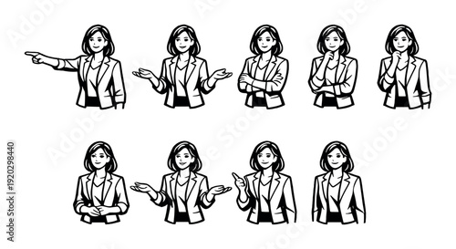 Businesswoman showing gestures and poses on gray background