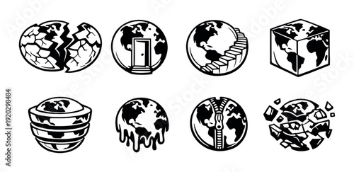 Globe icons with cracks doors stairs and shapes on gray background