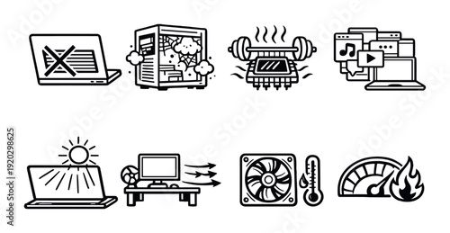 Computer overheating and maintenance icons on dark background