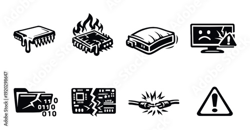 Hardware failure and damage icons burned chips on dark background
