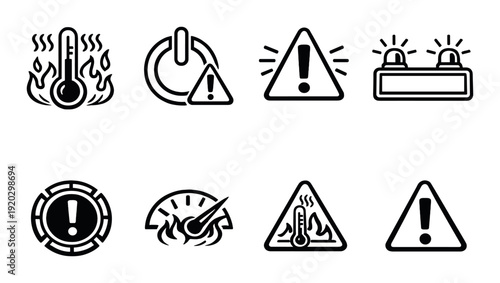 Overheating and warning symbols displayed on dark panel