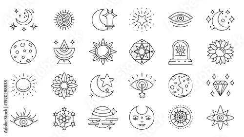 Mystical Celestial Sun Moon and Zodiac Vector Set.