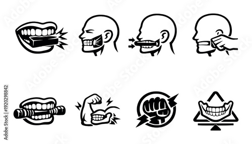 Mouth and jaw biting actions and strength icons on dark background