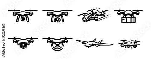 Drone icons displaying different types and functions on gray backdrop
