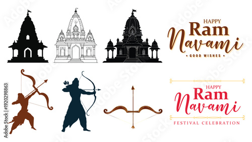 Ram Navami Celebration: A captivating collection of iconic temple silhouettes, paired with artful depictions of a divine figure wielding a bow and arrow, and festive greetings.