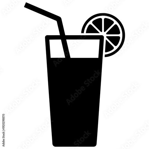 Juice Glass With Straw And Lemon Slice Flat Black Silhouette PNG