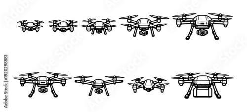 Row of drone icons showing size and design variations on gray backdrop