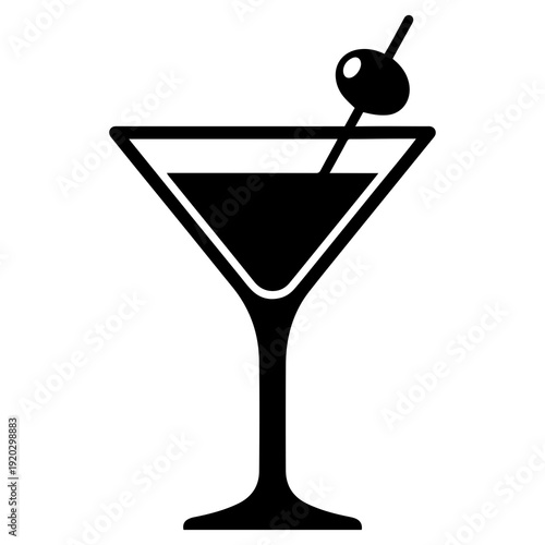 Martini Cocktail Glass With Olive Flat Black Silhouette PNG