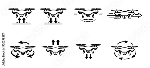 Drone icons showing flight actions on dark gradient background