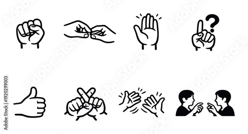 Hand gesture icons showing signs and communication on black