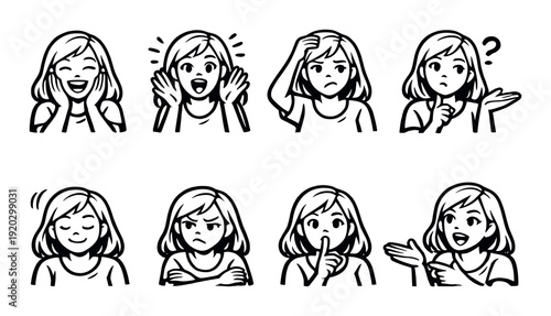 Woman showing assorted facial expressions on dark background