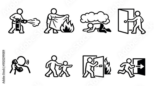 Fire safety icons showing emergency actions inside building