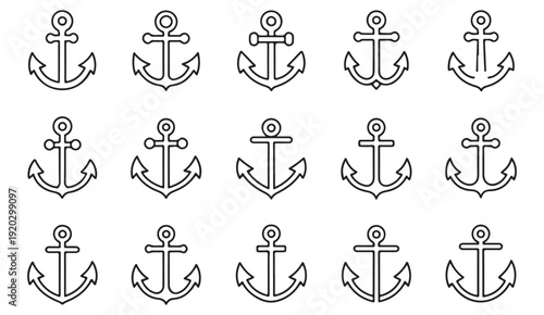Marine anchor symbol outline icons for nautical sailing, sea transport and maritime navigation themes