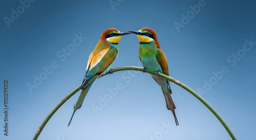 Two vibrant european bee eaters perched on curved green stem against blue clear sky background together