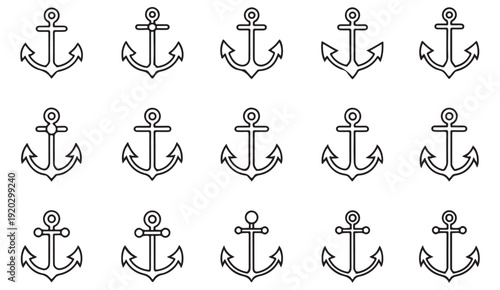 Minimal nautical anchor vector icons representing maritime navigation and marine ship equipment