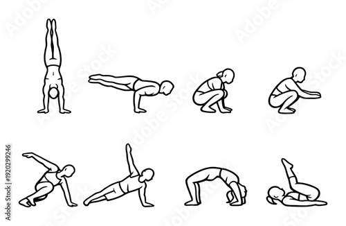 Figure performing calisthenics and gymnastic poses on gray background