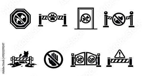 Pet prohibition signs arranged as barricade icons on dark background