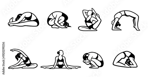 Women performing yoga and stretching poses on gray background