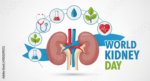 Illustration of human kidneys with medical icons and World Kidney Day text on blue ribbons