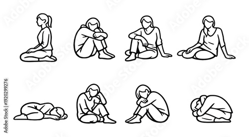 People sitting and curled in seated poses on gray background