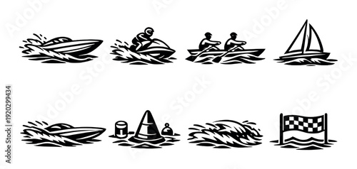 Collection of watercraft and racing icons on gray background