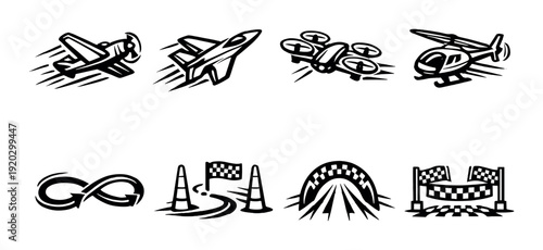 Set of aircraft and race course icons on gray background