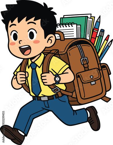 Schoolboy cartoon illustration, child student running backpack supplies education cheerful lifestyle design, vector artwork, family and learning theme, isolated background