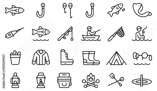 Wilderness fishing and camping line icons including hooks, rods, nets, tents and travel adventure equipment