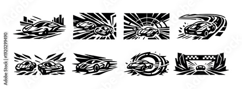 Sports cars and racing scenes depicted on dark studio background