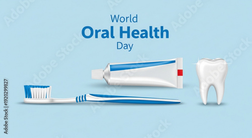 Toothbrush, toothpaste, and tooth on a light blue background, symbolizing oral hygiene and World Oral Health Day